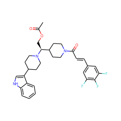 CC(=O)OC[C@@H](C1CCN(C(=O)/C=C/c2cc(F)c(F)c(F)c2)CC1)N1CCC(c2c[nH]c3ccccc23)CC1 ZINC000029045912