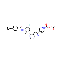 CC(=O)OCC(=O)N1CC=C(c2cc3c(-c4cc(F)cc(NC(=O)c5ccc(C6CC6)cc5)c4C)ncnc3[nH]2)CC1 ZINC000142983596