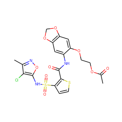 CC(=O)OCCOc1cc2c(cc1NC(=O)c1sccc1S(=O)(=O)Nc1onc(C)c1Cl)OCO2 ZINC000029412298