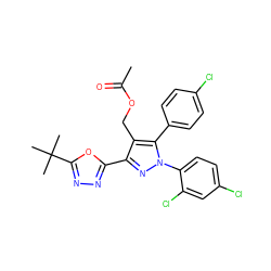 CC(=O)OCc1c(-c2nnc(C(C)(C)C)o2)nn(-c2ccc(Cl)cc2Cl)c1-c1ccc(Cl)cc1 ZINC000040423245