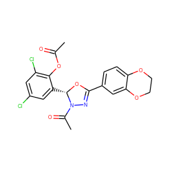 CC(=O)Oc1c(Cl)cc(Cl)cc1[C@@H]1OC(c2ccc3c(c2)OCCO3)=NN1C(C)=O ZINC000073199273