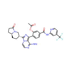 CC(=O)Oc1cc(C(=O)Nc2cc(C(F)(F)F)ccn2)ccc1-c1nc([C@@H]2CC[C@H]3CCC(=O)N3C2)n2ccnc(N)c12 ZINC000145661910