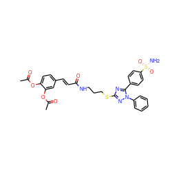 CC(=O)Oc1ccc(/C=C/C(=O)NCCCSc2nc(-c3ccc(S(N)(=O)=O)cc3)n(-c3ccccc3)n2)cc1OC(C)=O ZINC000653791970