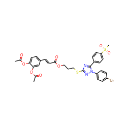 CC(=O)Oc1ccc(/C=C/C(=O)OCCCSc2nc(-c3ccc(S(C)(=O)=O)cc3)n(-c3ccc(Br)cc3)n2)cc1OC(C)=O ZINC000653794509