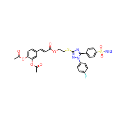 CC(=O)Oc1ccc(/C=C/C(=O)OCCSc2nc(-c3ccc(S(N)(=O)=O)cc3)n(-c3ccc(F)cc3)n2)cc1OC(C)=O ZINC000653795735