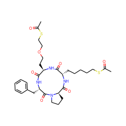 CC(=O)SCCCCC[C@@H]1NC(=O)[C@H]2CCCN2C(=O)[C@H](Cc2ccccc2)NC(=O)[C@@H](CCOCCSC(C)=O)NC1=O ZINC000095573134