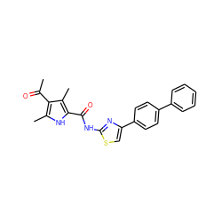 CC(=O)c1c(C)[nH]c(C(=O)Nc2nc(-c3ccc(-c4ccccc4)cc3)cs2)c1C ZINC000003404676