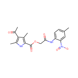 CC(=O)c1c(C)[nH]c(C(=O)OCC(=O)Nc2ccc(C)cc2[N+](=O)[O-])c1C ZINC000006047518