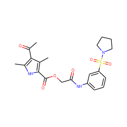 CC(=O)c1c(C)[nH]c(C(=O)OCC(=O)Nc2cccc(S(=O)(=O)N3CCCC3)c2)c1C ZINC000008692849