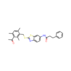 CC(=O)c1c(C)cc(C)c(CSc2nc3ccc(NC(=O)CCc4ccccc4)cc3s2)c1C ZINC000008438450