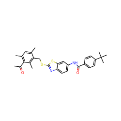 CC(=O)c1c(C)cc(C)c(CSc2nc3ccc(NC(=O)c4ccc(C(C)(C)C)cc4)cc3s2)c1C ZINC000008438483