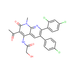 CC(=O)c1c(NC(=O)CO)c2cc(-c3ccc(Cl)cc3)c(-c3ccc(Cl)cc3Cl)nc2n(C)c1=O ZINC000028568053