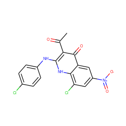 CC(=O)c1c(Nc2ccc(Cl)cc2)[nH]c2c(Cl)cc([N+](=O)[O-])cc2c1=O ZINC000040949415