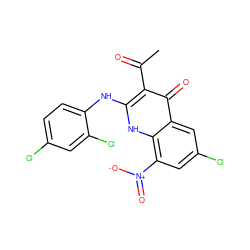 CC(=O)c1c(Nc2ccc(Cl)cc2Cl)[nH]c2c([N+](=O)[O-])cc(Cl)cc2c1=O ZINC000045506489