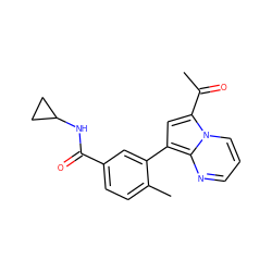 CC(=O)c1cc(-c2cc(C(=O)NC3CC3)ccc2C)c2ncccn12 ZINC000585672941