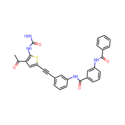 CC(=O)c1cc(C#Cc2cccc(NC(=O)c3cccc(NC(=O)c4ccccc4)c3)c2)sc1NC(N)=O ZINC000072119703