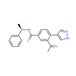 CC(=O)c1cc(C(=O)N[C@H](C)c2ccccc2)ccc1-c1cn[nH]c1 ZINC000224679453