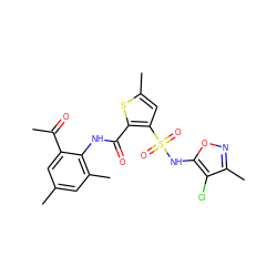 CC(=O)c1cc(C)cc(C)c1NC(=O)c1sc(C)cc1S(=O)(=O)Nc1onc(C)c1Cl ZINC000013560330