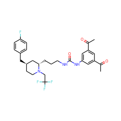 CC(=O)c1cc(NC(=O)NCCC[C@H]2C[C@H](Cc3ccc(F)cc3)CCN2CC(F)(F)F)cc(C(C)=O)c1 ZINC000028604028