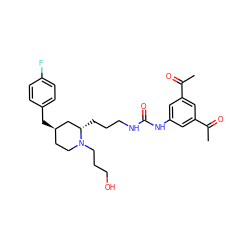 CC(=O)c1cc(NC(=O)NCCC[C@H]2C[C@H](Cc3ccc(F)cc3)CCN2CCCO)cc(C(C)=O)c1 ZINC000003976519