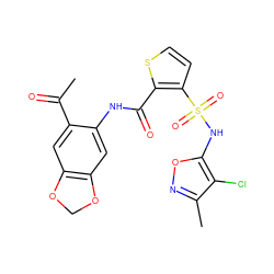 CC(=O)c1cc2c(cc1NC(=O)c1sccc1S(=O)(=O)Nc1onc(C)c1Cl)OCO2 ZINC000001893329