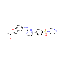 CC(=O)c1cc2cc(Nc3nccc(-c4ccc(S(=O)(=O)N5CCNCC5)cc4)n3)ccc2o1 ZINC000013588923