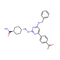 CC(=O)c1ccc(-c2cc(NCc3ccccc3)nc(NC[C@H]3CC[C@H](C(N)=O)CC3)n2)cc1 ZINC000299819242