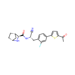 CC(=O)c1ccc(-c2ccc(C[C@@H](C#N)NC(=O)[C@H]3N[C@@H]4CC[C@H]3C4)c(F)c2)s1 ZINC000219294776