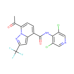 CC(=O)c1ccc(C(=O)Nc2c(Cl)cncc2Cl)c2cc(C(F)(F)F)nn12 ZINC000096933204