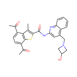 CC(=O)c1ccc(C(C)=O)c2c(C)c(C(=O)Nc3cc(CN4CC(O)C4)c4ccccc4n3)sc12 ZINC001772584177