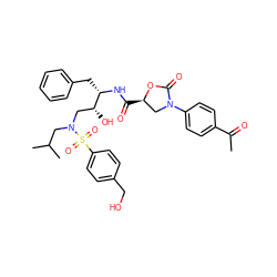 CC(=O)c1ccc(N2C[C@@H](C(=O)N[C@@H](Cc3ccccc3)[C@H](O)CN(CC(C)C)S(=O)(=O)c3ccc(CO)cc3)OC2=O)cc1 ZINC000072138087