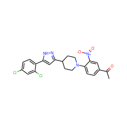 CC(=O)c1ccc(N2CCC(c3cc(-c4ccc(Cl)cc4Cl)[nH]n3)CC2)c([N+](=O)[O-])c1 ZINC000013143353