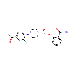 CC(=O)c1ccc(N2CCN(C(=O)COc3ccccc3C(N)=O)CC2)c(F)c1 ZINC000022961174