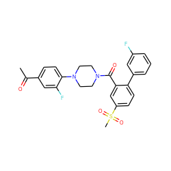 CC(=O)c1ccc(N2CCN(C(=O)c3cc(S(C)(=O)=O)ccc3-c3cccc(F)c3)CC2)c(F)c1 ZINC000040423324