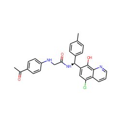 CC(=O)c1ccc(NCC(=O)N[C@@H](c2ccc(C)cc2)c2cc(Cl)c3cccnc3c2O)cc1 ZINC000040899162