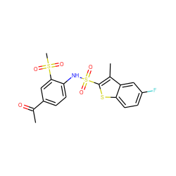 CC(=O)c1ccc(NS(=O)(=O)c2sc3ccc(F)cc3c2C)c(S(C)(=O)=O)c1 ZINC000013587577