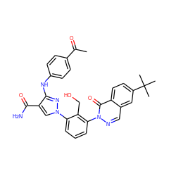 CC(=O)c1ccc(Nc2nn(-c3cccc(-n4ncc5cc(C(C)(C)C)ccc5c4=O)c3CO)cc2C(N)=O)cc1 ZINC000143432284