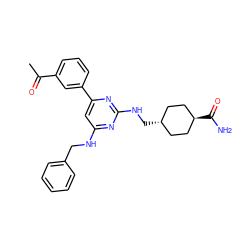 CC(=O)c1cccc(-c2cc(NCc3ccccc3)nc(NC[C@H]3CC[C@H](C(N)=O)CC3)n2)c1 ZINC000299821885