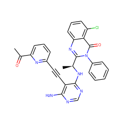 CC(=O)c1cccc(C#Cc2c(N)ncnc2N[C@@H](C)c2nc3cccc(Cl)c3c(=O)n2-c2ccccc2)n1 ZINC000219075791