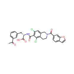 CC(=O)c1cccc(C[C@H](NC(=O)c2c(Cl)cc3c(c2Cl)CCN(C(=O)c2ccc4ccoc4c2)C3)C(=O)O)c1 ZINC000084669813