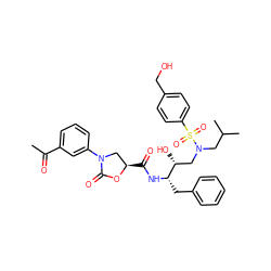 CC(=O)c1cccc(N2C[C@@H](C(=O)N[C@@H](Cc3ccccc3)[C@H](O)CN(CC(C)C)S(=O)(=O)c3ccc(CO)cc3)OC2=O)c1 ZINC000072136359