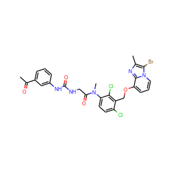 CC(=O)c1cccc(NC(=O)NCC(=O)N(C)c2ccc(Cl)c(COc3cccn4c(Br)c(C)nc34)c2Cl)c1 ZINC000027329518