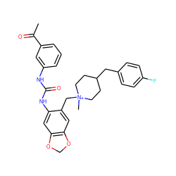 CC(=O)c1cccc(NC(=O)Nc2cc3c(cc2C[N+]2(C)CCC(Cc4ccc(F)cc4)CC2)OCO3)c1 ZINC000013475876