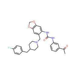 CC(=O)c1cccc(NC(=O)Nc2cc3c(cc2CN2CCC(Cc4ccc(F)cc4)CC2)OCO3)c1 ZINC000013475834