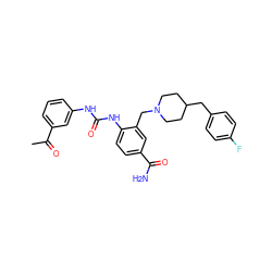 CC(=O)c1cccc(NC(=O)Nc2ccc(C(N)=O)cc2CN2CCC(Cc3ccc(F)cc3)CC2)c1 ZINC000013475848