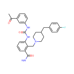 CC(=O)c1cccc(NC(=O)Nc2cccc(C(N)=O)c2CN2CCC(Cc3ccc(F)cc3)CC2)c1 ZINC000013475864