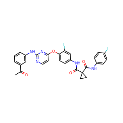 CC(=O)c1cccc(Nc2nccc(Oc3ccc(NC(=O)C4(C(=O)Nc5ccc(F)cc5)CC4)cc3F)n2)c1 ZINC000169350844