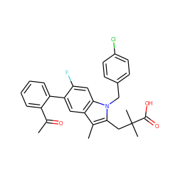 CC(=O)c1ccccc1-c1cc2c(C)c(CC(C)(C)C(=O)O)n(Cc3ccc(Cl)cc3)c2cc1F ZINC000653711584