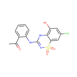 CC(=O)c1ccccc1NC1=NS(=O)(=O)c2cc(Cl)cc(O)c2N1 ZINC000028822737