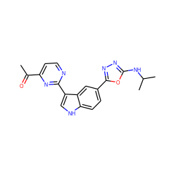 CC(=O)c1ccnc(-c2c[nH]c3ccc(-c4nnc(NC(C)C)o4)cc23)n1 ZINC000222722731